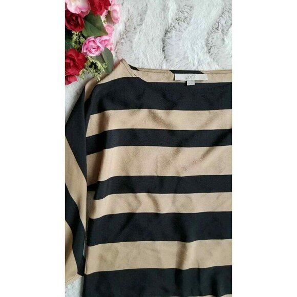 ✨️CL Ann Taylor Loft Brown Black Horizontal Stripe Lightweight Blouse Size XS - Picture 3 of 8